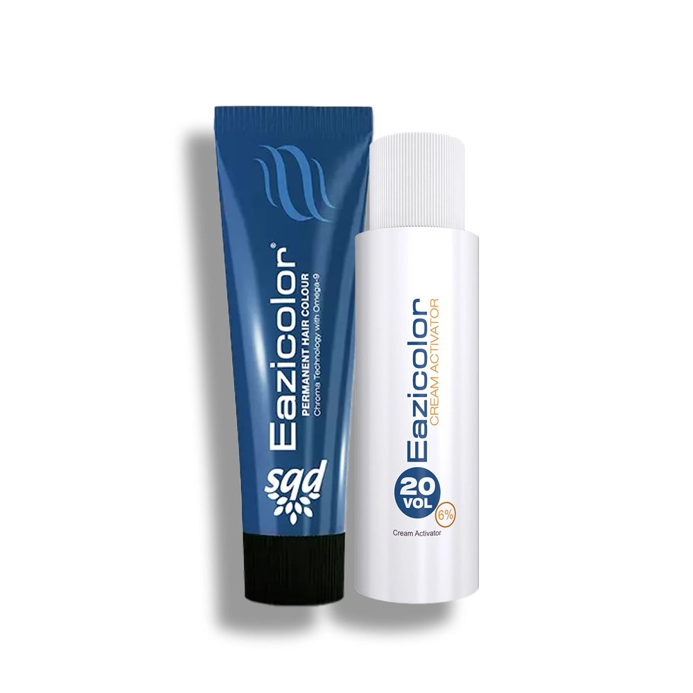 Two Eazicolor hair color products on a white background 20 volume developer