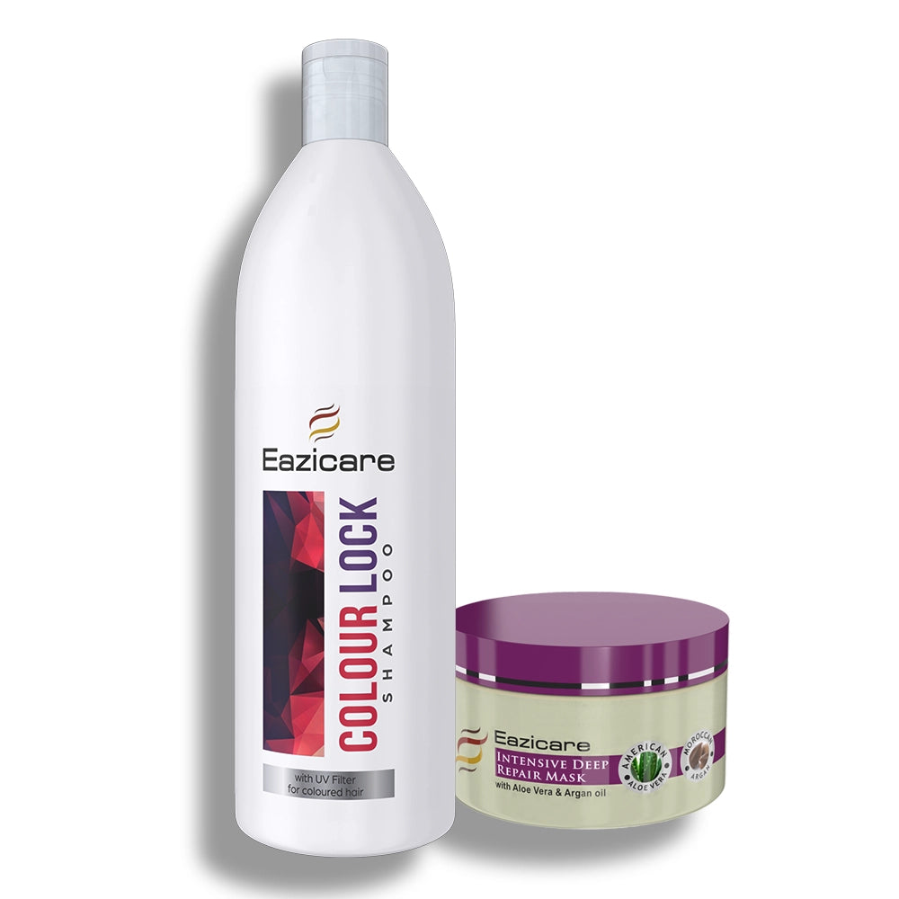 Eazicare Colour Lock shampoo bottle and Intensive Deep Repair Mask jar on a white background