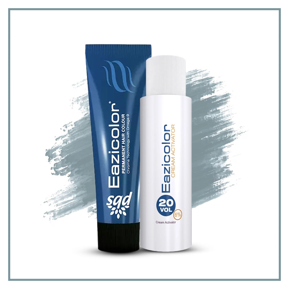 Eazicolor hair color product with blue tube and white bottle on a light gray background