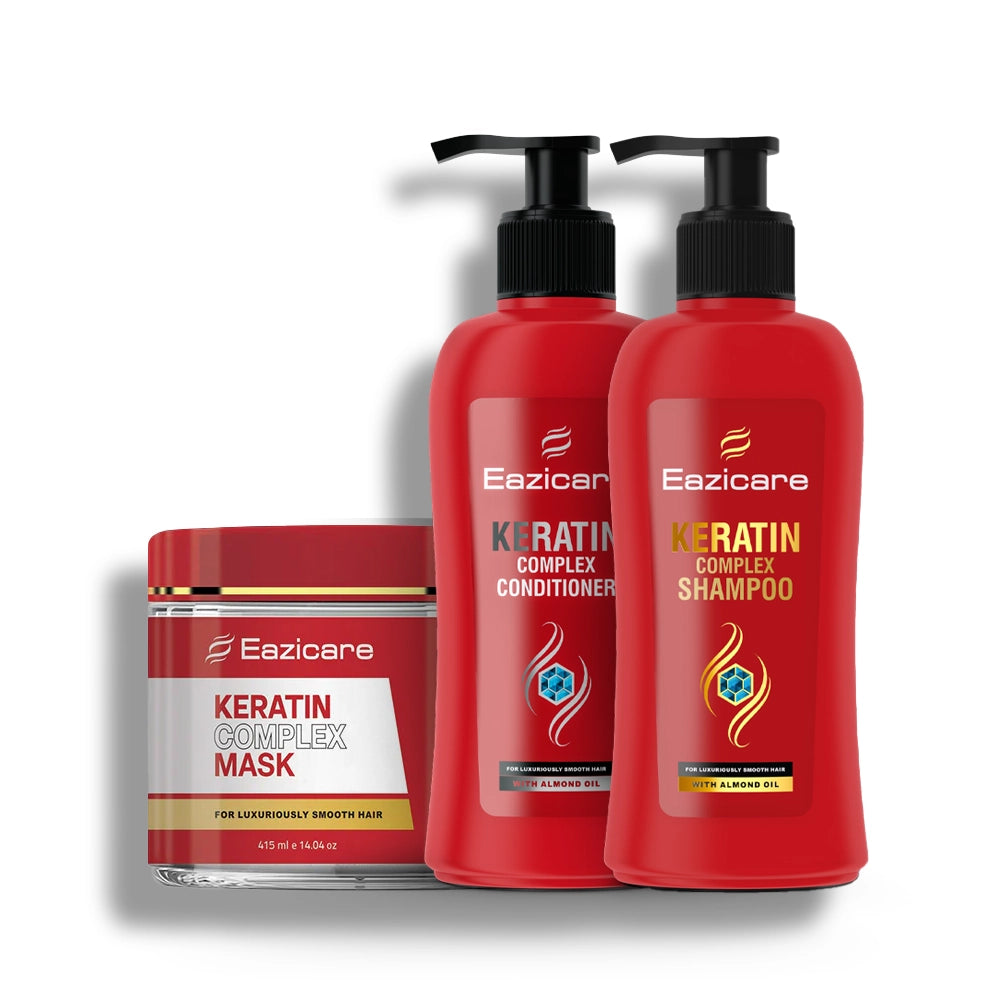 Eazicare Keratin Complex shampoo and conditioner bottles with a mask on a white background