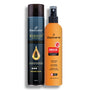 Two hair care products, a black can and an orange spray bottle, on a white background.