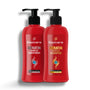 Two red bottles of Eazicare Keratin Complex Shampoo and Conditioner on a white background