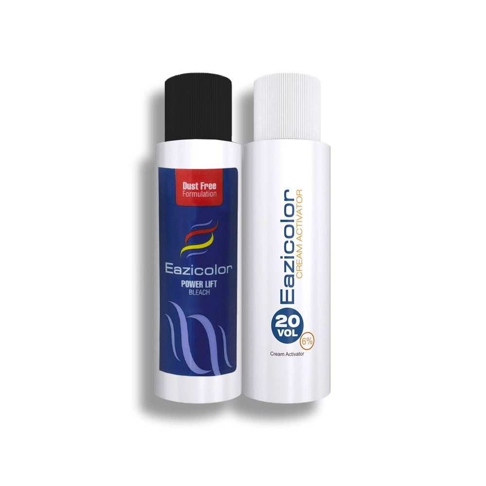 Two Eazicolor cosmetic bottles on a white background: a white Power Lift RL 2000 bottle with a black cap and blue label, and a white Cream Activator bottle with a white cap and blue label.