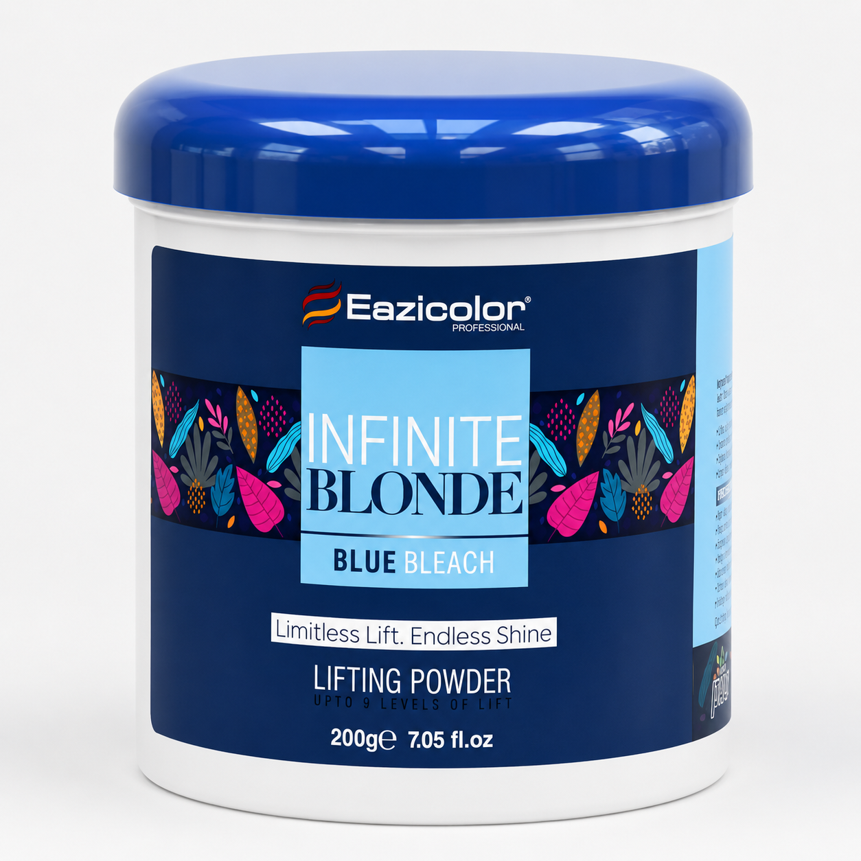 A white plastic tub of Eazicolor Professional Infinite Blonde Blue Bleach Lifting Powder, featuring a dark blue lid and a navy blue label with colorful leaf patterns.