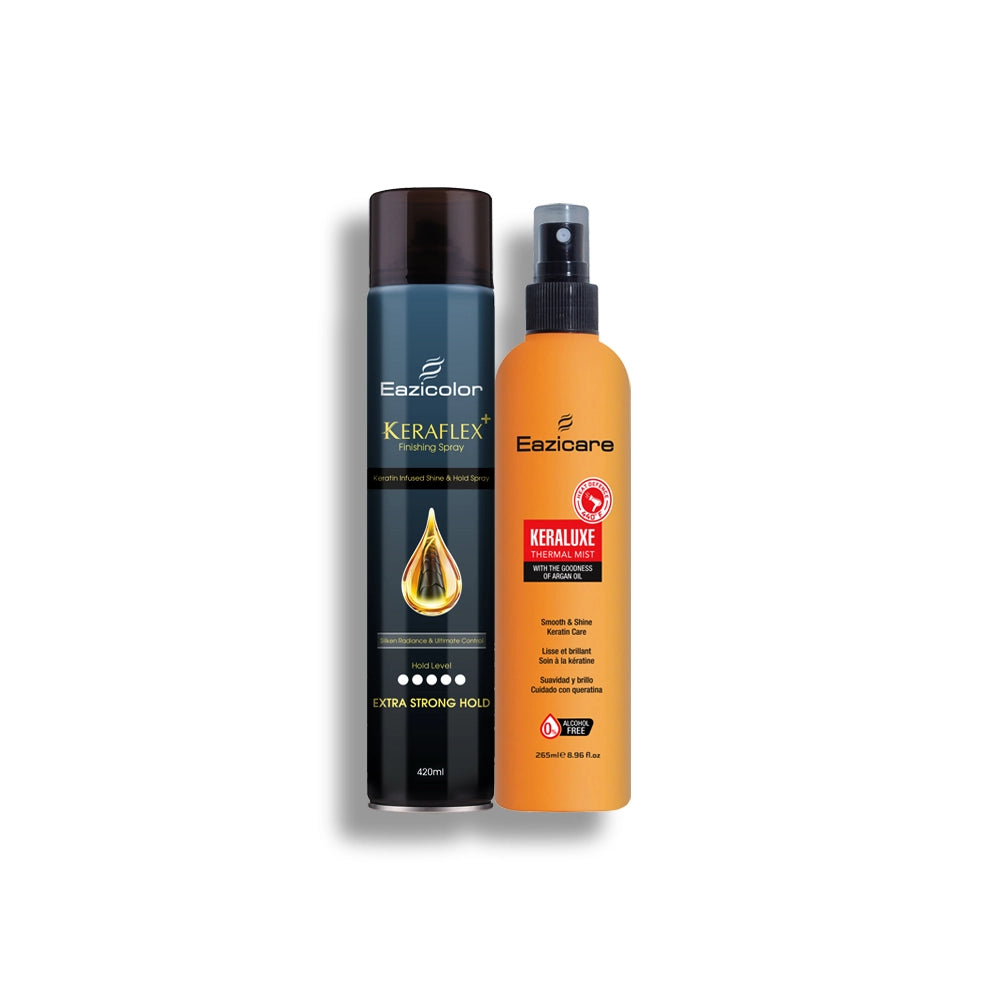 Eazicolor Keraflex+ Finishing Spray 420ml extra strong hold and Eazicare Keraluxe Thermal Mist 265ml with argan oil, alcohol free